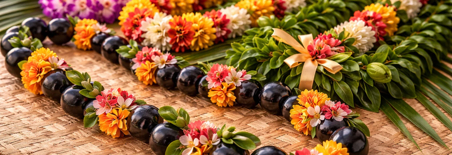 Colorful flower, kukui nut, and green leaf leis arranged on a woven mat