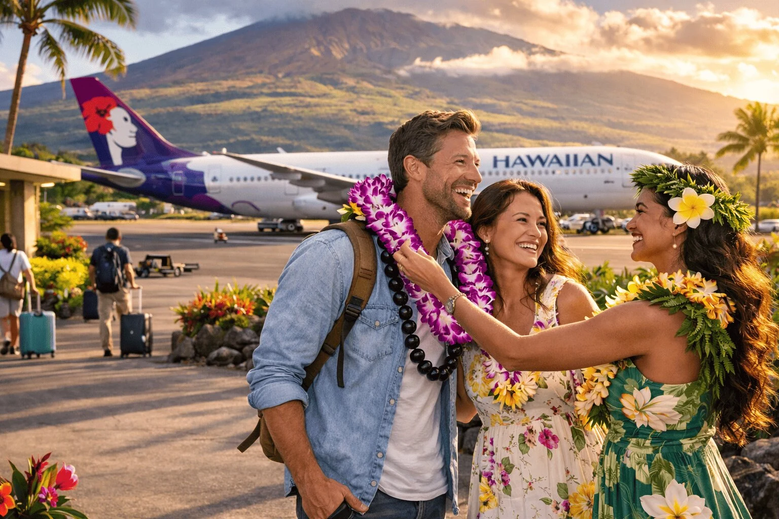 A greeter welcoming a smiling couple with flower leis at a Hawaii airport
